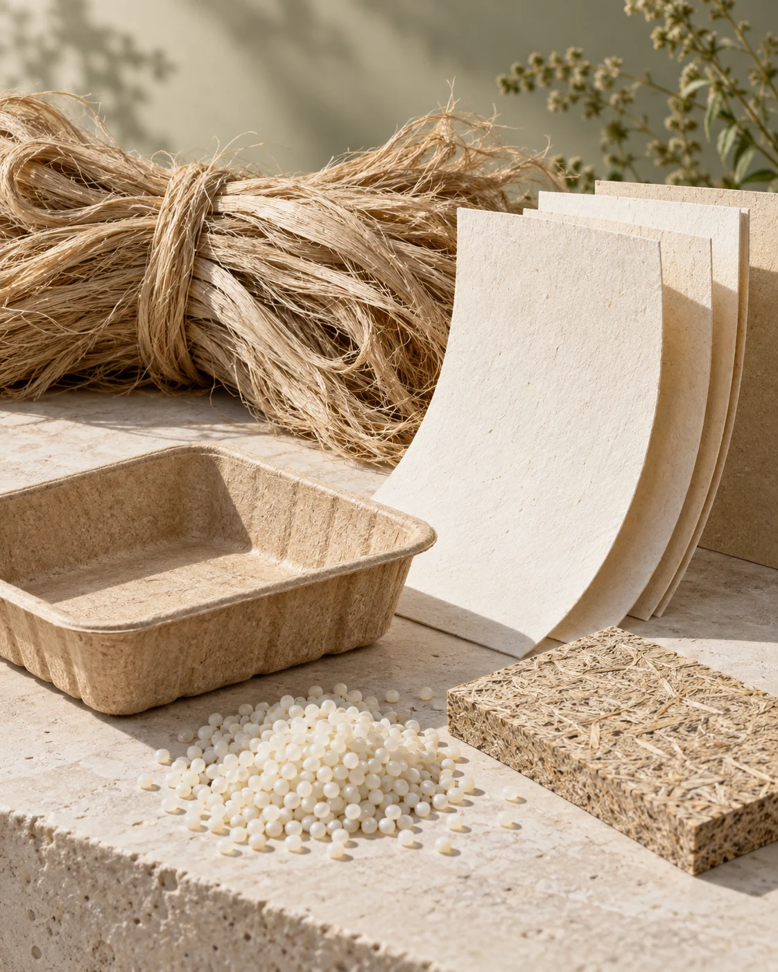 Illustrative arrangement of agricultural fiber, paper, a molded tray, resin pellets and a composite sample